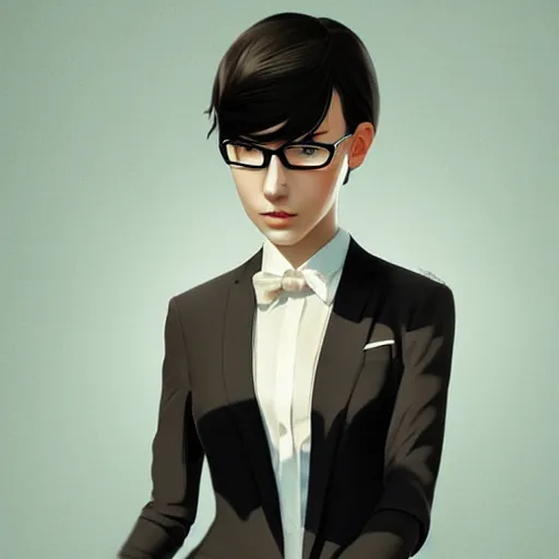 Image similar to slim girl in tuxedo with short black hair, elegant, 2d, ultra highly detailed, digital painting, smooth, sharp focus, artstation, art by Ilya Kuvshinov