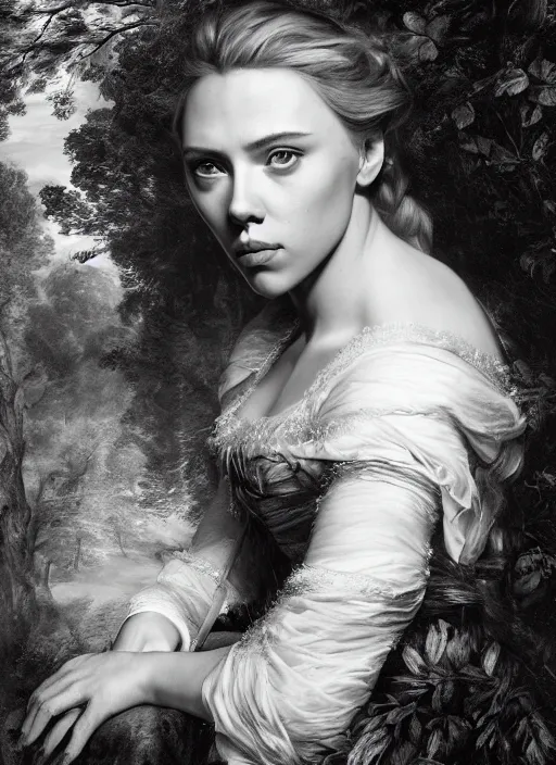 Image similar to Beautiful elsa, Looks like Scarlett Johansson, In the woods, Dramatic, Edge, Good, Infused, Backlight, De-Noise, VFX, insanely detailed and intricate, hypermaximalist, facial ,elegant, ornate, hyper realistic, super detailed, by Anthony Van Dyck, by Ivan Shishkin, by John Constable