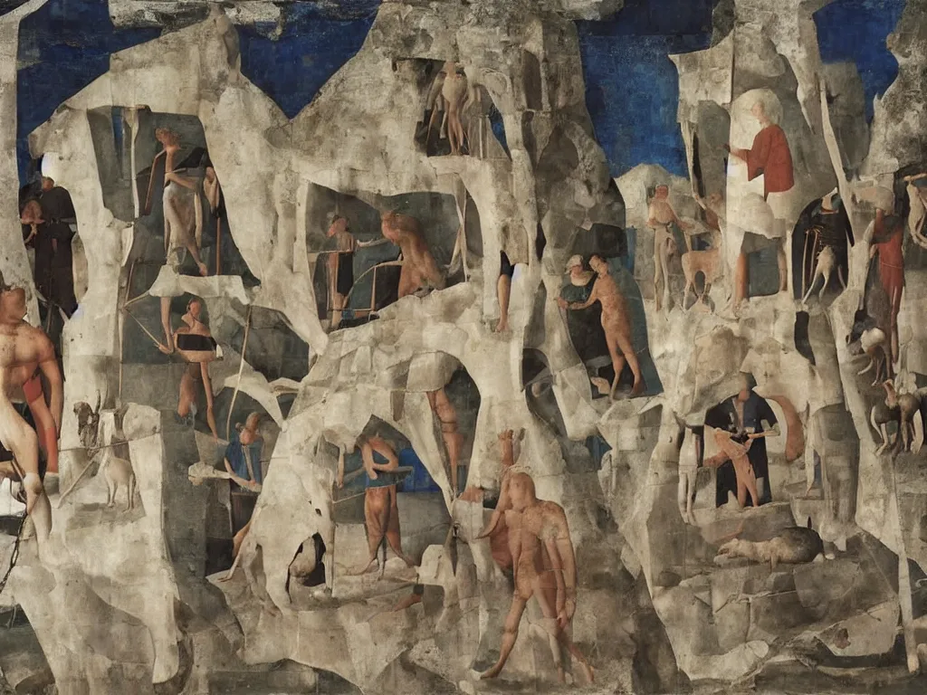 Image similar to Young men with dogs inside a crystal cave. Painting by Piero della Francesca.