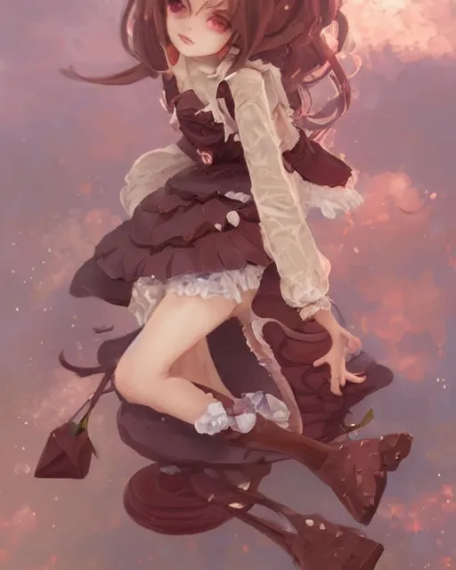 Image similar to a girl as personification of chocolate cupcake, fantasy bakery, digital art by krenz cushart, laurie greasly, intricate details, sharp focus, smooth, epic composition, joyful, unreal engine