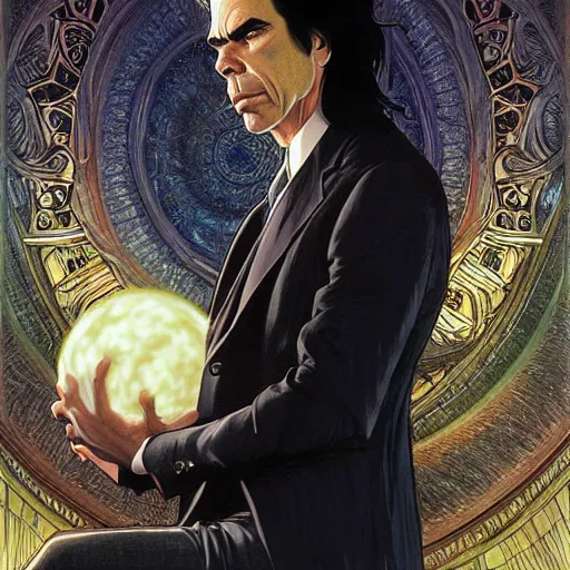 Image similar to Nick Cave pondering his orb, highly detailed, digital painting, artstation, concept art, smooth, sharp focus, illustration, art by todd lockwood and magalie villeneuve and alan lee and artgerm and greg rutkowski and alphonse mucha