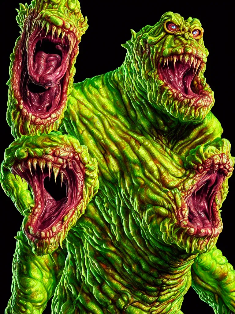 Prompt: hyperrealistic rendering, shiny wet fat cronenberg flesh monster smooth kaiju by art of skinner and richard corben and jeff easley, product photography, action figure, sofubi, studio lighting, colored gels, rimlight, backlight