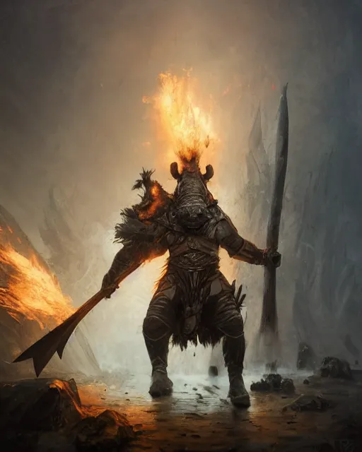 Prompt: oil painting of Anthropomorphized Rhino Warrior, wearing fur cloak, sharp focus, holding gigantic burning Axe, warrior clothes, heroic pose, dramatic artwork, fantasy style, octane render, volumetric lighting, 8k high definition, by greg rutkowski, highly detailed, trending on art Station, magic the gathering artwork, burning fire Battlefield background, centered