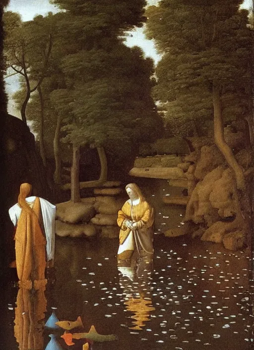 Image similar to unknown being in the river, the body seemed to dissolve in water. silver scales, splashed a pointed fin. The water broke ahead obeying the movement of a strong being. medieval painting by Jan van Eyck, Johannes Vermeer, forest