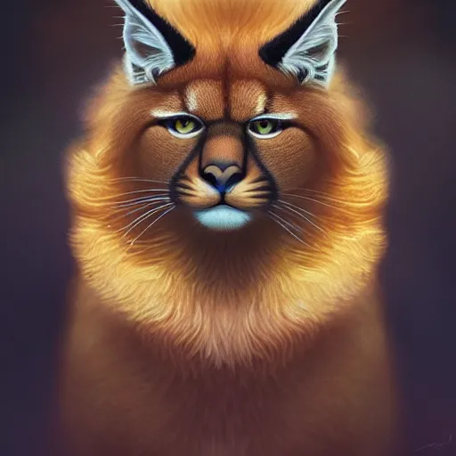 Image similar to laurel wreath on a head of fluffy caracal, photography of kurzgesagt, no people, deep focus, d & d, intricate, elegant, highly detailed, digital painting, artstation, concept art, matte, sharp focus, illustration, hearthstone, art by artgerm and greg rutkowski and alphonse mucha