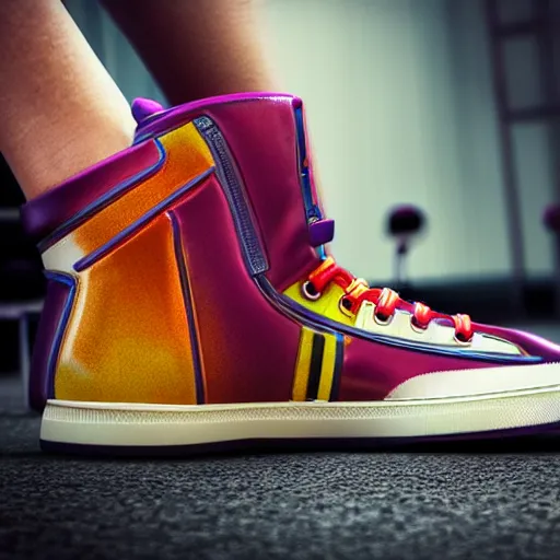 Prompt: Among us crewmate wearing large high-top basketball sneakers, colorful leather shoes, photorealistic, 3D render