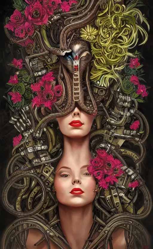 Prompt: beautiful painting of a snake-headed woman surrounded by mechanical flowers in the style of Welder Wings and H. R. Giger. Dark background, detailed, trending on Artstation