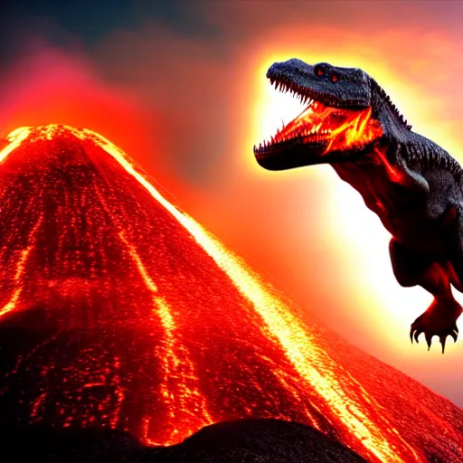 Image similar to Tyrannosaurus Rex jumping into volcano, lava erupting, fire, reddish sky, hyper realistic