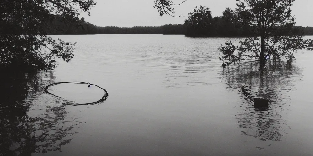 Image similar to symmetrical photograph of an long rope floating on the surface of the water, the rope is snaking from the foreground towards the center of the lake, a dark lake on a cloudy day, trees in the background, moody scene, dreamy kodak color stock, anamorphic lens