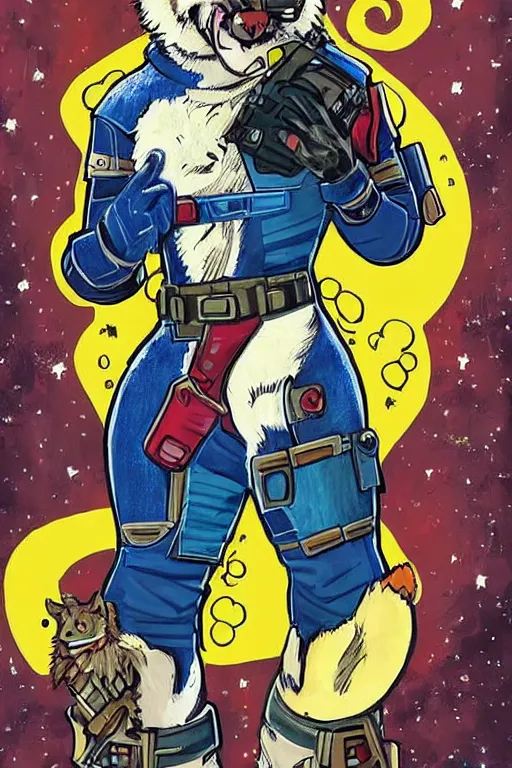 Prompt: beautiful professional art of a portrait an anthropomorphic wolf anthro furry fursona, wearing space mercenary uniform, heroic, 8 0 s comic art by jack kirby