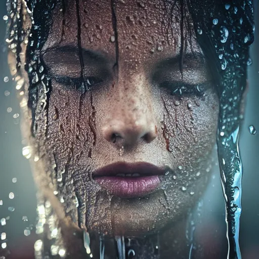Image similar to Photo of an attractive face dripping wet from warm summer rain. Soft lighting. High detail.