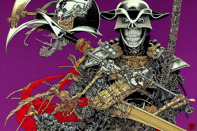 Image similar to portrait of a crazy skeletor samurai with japanese armor and helmet, by yoichi hatakenaka, masamune shirow, josan gonzales and dan mumford, ayami kojima, takato yamamoto, barclay shaw, karol bak, yukito kishiro