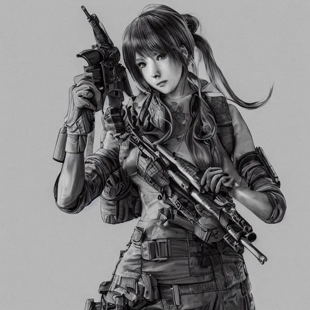 Image similar to the photorealistic portrait of lawful neutral female futuristic marine sniper as absurdly beautiful, gorgeous, elegant, young anime gravure idol, an ultrafine hyperdetailed illustration by kim jung gi, irakli nadar, intricate linework, bright colors, octopath traveler, final fantasy, unreal engine 5 highly rendered, global illumination, radiant light, detailed and intricate environment