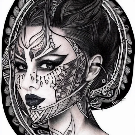 Prompt: tattoo design of a beautiful girl warrior face, hyper detailed, in the design of eliot kohek. white paper background