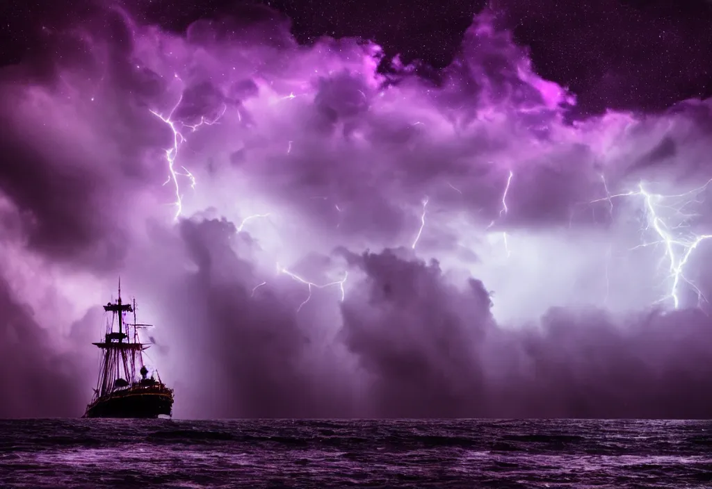 Image similar to purple color lighting storm with stormy sea, pirate ship firing its cannons real life trippy nebula sky 50mm shot