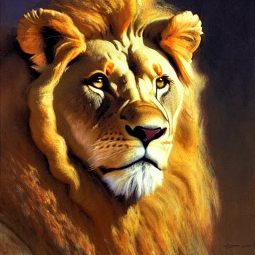 Image similar to a portrait of a lion. highly detailed painting by gaston bussiere, craig mullins, j. c. leyendecker, furry