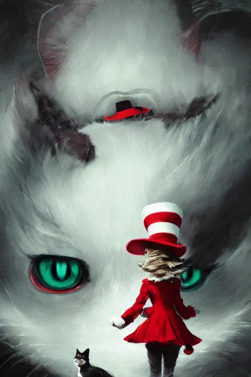 Prompt: the cat in the hat, scary, cinematic, concept art by greg rutkowski and artgerm and dr seuss