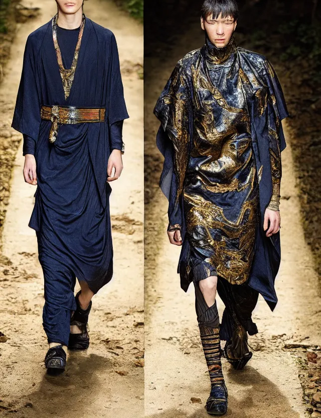 Prompt: longshot modern intricate textile ancient roman toga cloak nature japanese man chiseled chin walking along small creek river in the woods marc jacobs gucci black blue gold