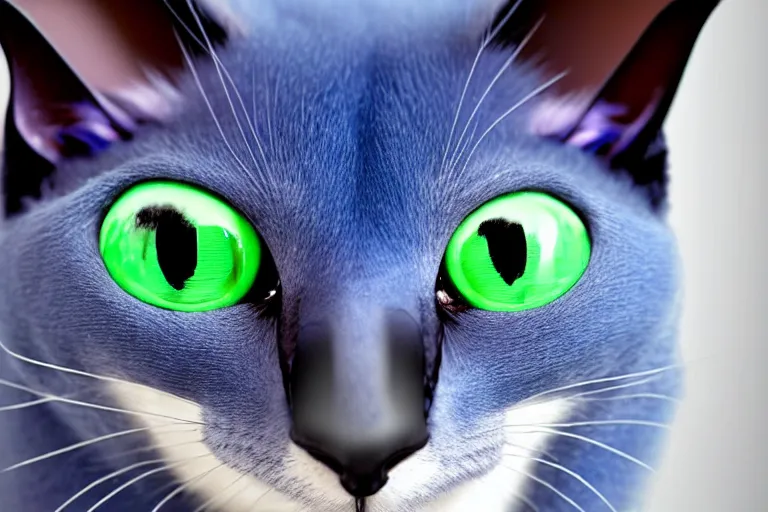 Image similar to a blue - and - black male blue / green heterochromatic catbat fursona with blue / green heterochromatic eyes ( one eye green ) and huge bat ears, photo of the catbat streaming on his computer