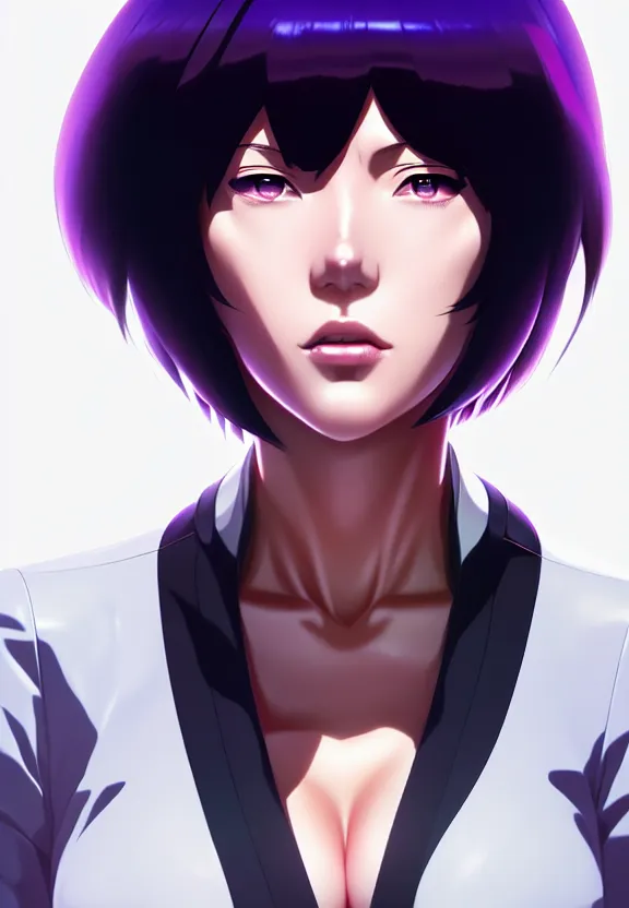 Image similar to a fullbody portrait of motoko kusanagi the major ghost in the shell : : connected to cables, under repairs, maintenance area, technicians : : by ilya kuvshinov, rossdraws, artgerm, sola digital arts, anti aliasing, raytracing : :