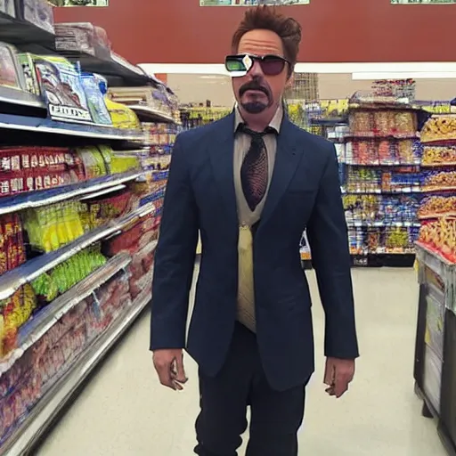 Prompt: robert downey jr. as tony stark working at kroger