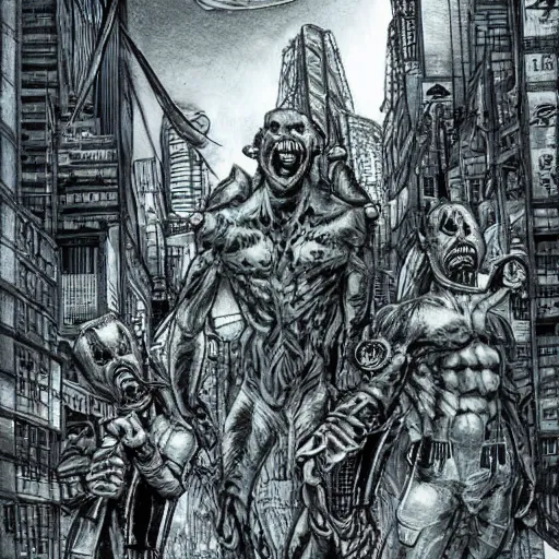 Prompt: sci - fi monster hunters, walking in shinjuku, hyperdetailed, art by liam sharp