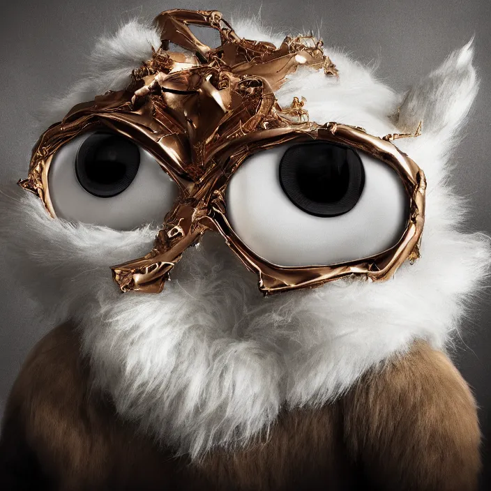 Prompt: plush ultra fluffy cyborg with huge cute eyes, photorealism, white detail plastic biomechanical with gold, copper, bronze, chrome by lee jeffries, erik johansson, supersampled, 8 k, beautify