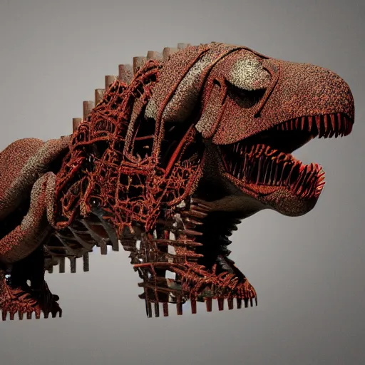 Image similar to a t-rex made out of rusty gears, octane render, 3D