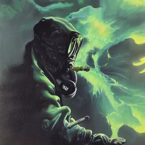 Prompt: ultra realistic portrait painting of a man in a hazmat suit surrounded by glowing green radiation and bats, art by frank frazetta, vintage levi ’ s ad, stormy weather, dark vibes, 4 k, ultra realistic, highly detailed, epic lighting