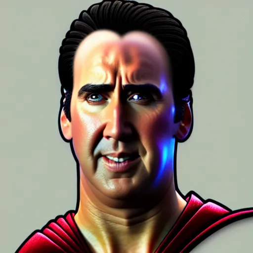 Image similar to upper body portrait of nicolas cage as superman, intricate, elegant, highly detailed, digital painting, artstation, concept art, smooth, sharp focus, illustration, art by artgerm and greg rutkowski and alphonse mucha, 8 k