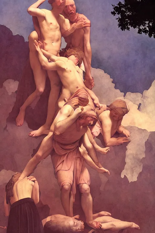 Image similar to lost souls in purgatory crying to be freed, digital painting by maxfield parrish and caravaggio, photorealistic