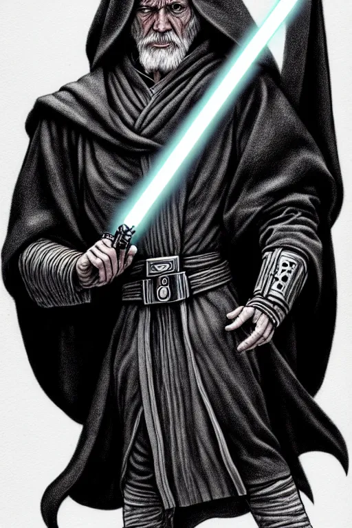 Image similar to a line drawing of an old jedi knight joe fenton, trending on artstation, realistic rendering