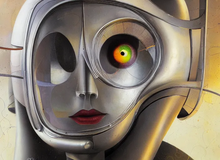 Image similar to a portrait headshot of sci fi metallic human, bright eyes, melancholic complex geometric figure liminal machinery by oskar schlemmer, moebius, john berkey, teamlab, oil on canvas, portrait facial head, featured on artstation, hd wallpaper