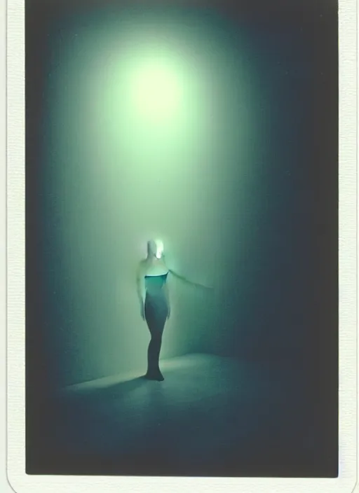 Image similar to a bright silhouette hovers above the ground inside of a hall. liminal, cozy, dramatic soft color lighting ( 1 9 8 4 ). featured polaroid