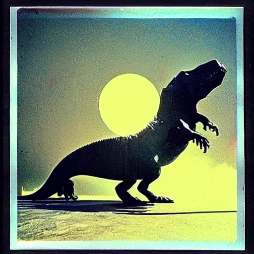 Image similar to last selfie of t - rex before comet hits the ground, polaroid, scratch and dust