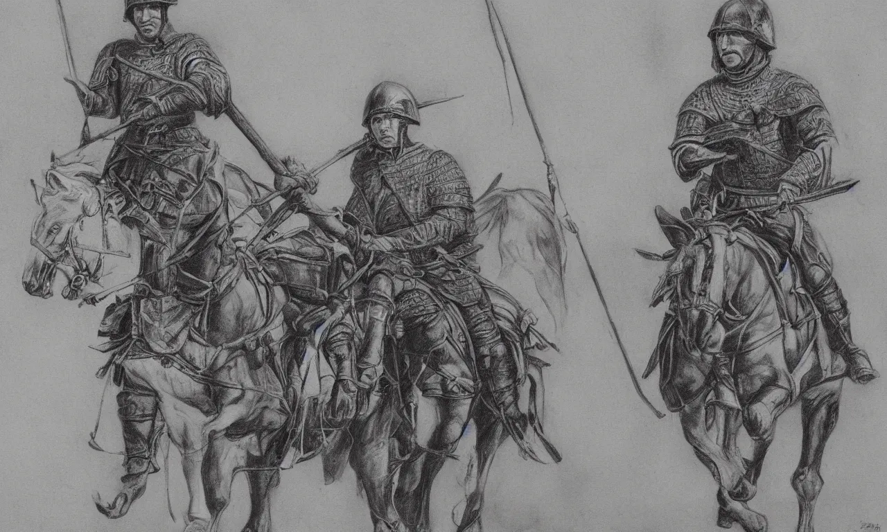 Image similar to a beautiful painting of a medieval soldier on a horse by frank godwin and moebius charcoal on paper