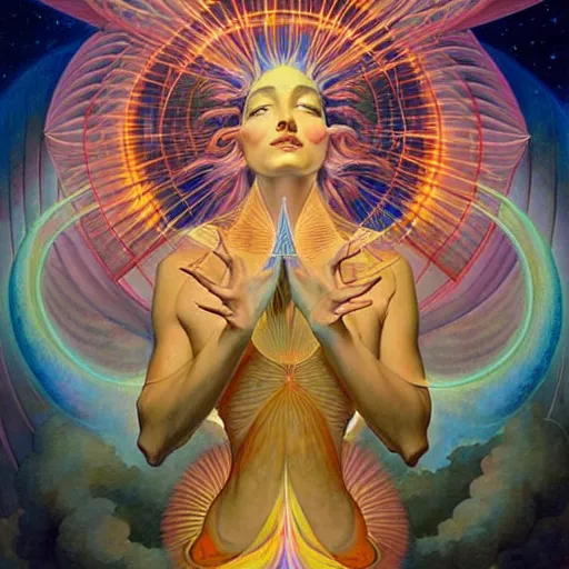 Image similar to psychedelic angelic celestial being artwork of esao andrews frank xavier leyendecker, energy body, sacred geometry, esoteric art, divinity detailed, saturated colors,