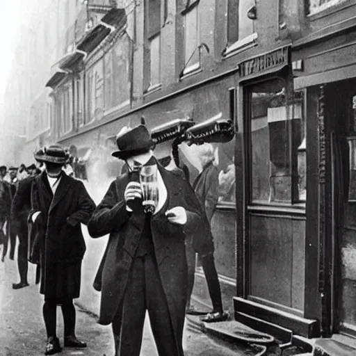 Prompt: 1 9 2 0 s photo of bender drinking beer on the street during prohibition, hd, vintage