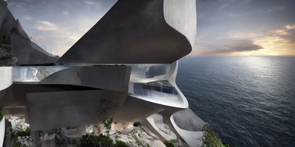 Prompt: modern house on a cliff designed by zaha hadid, cinematic lighting, deep focus, sharp focus, golden ratio, dramatic illumination, hdr, ultra realistic, 8 k, highly detailed, trending on artstation, epic composition, by caravaggio, by artemisia lomi gentileschi