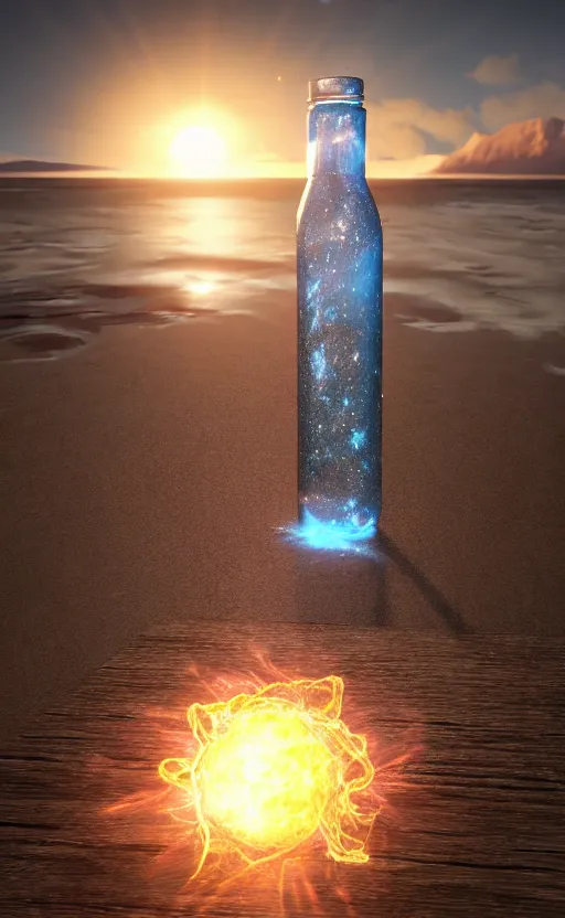 Image similar to a supernova inside a water bottle on a wooden table, hyperrealistic, concept art, octane render, unreal engine 5, trending on artstation, high quality, highly detailed, 8 k hdr, soft lighting, path traced, a beach at sunset in the background, bloom, high coherence, symmetrical, high contrast, digital art, serene landscape, cinematic