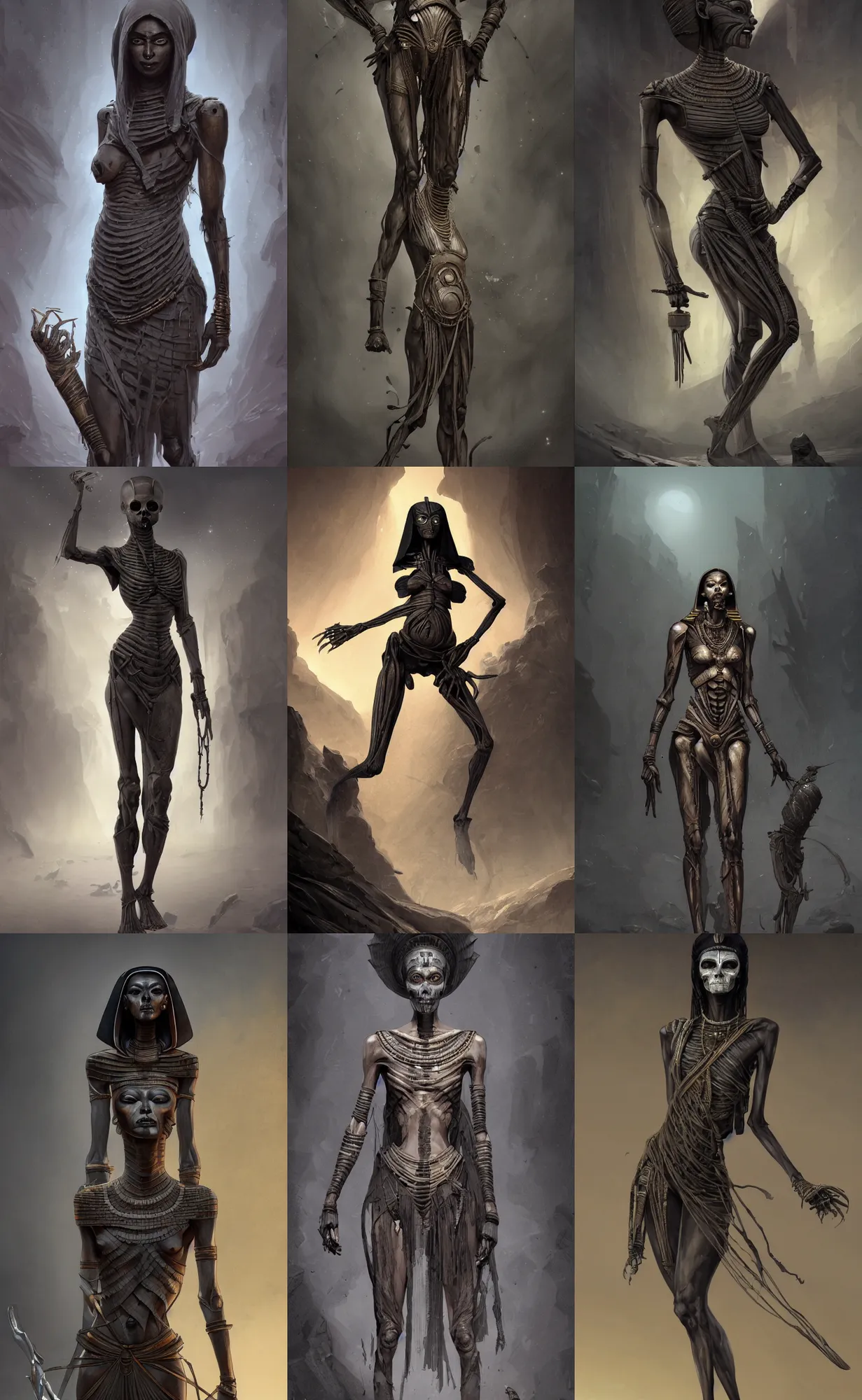 Prompt: dark grey skin, thin skeleton, egyptian mummy nefertari, full body shot, cold mist black background, highly detailed, digital painting, artstation, concept art, sharp focus, illustration, orientalism, art by aleksi briclot and mohrbacher and raphael lacoste and magali villeneuve