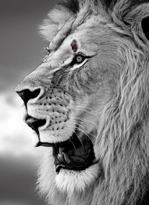 Image similar to very close lion and lioness black and white portrait white sky in background