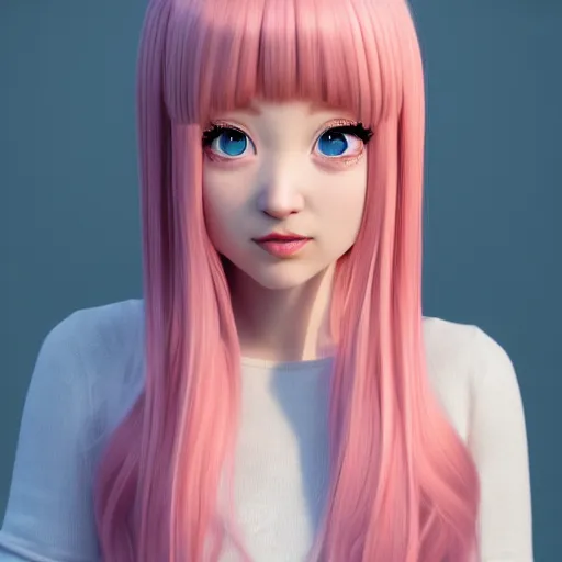 Image similar to A portrait of Nikki from Shining Nikki and Love, a cute 3d cgi toon young woman with long light pink hair, full bangs, hazel eyes, full face, light makeup, pale skin, Chinese heritage, cute outfit, medium shot, mid-shot, hyperdetailed, 8k, trending on artstation, as a Pixar character