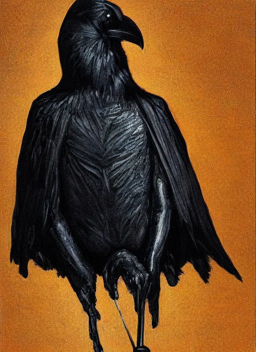 Image similar to portrait centered on a raven in a vantablack cloak and holding a symbolic weapon. painting in the style of symbolism. portrait hung up in a windows 9 8 wallpaper. r / oldschoolfantasy