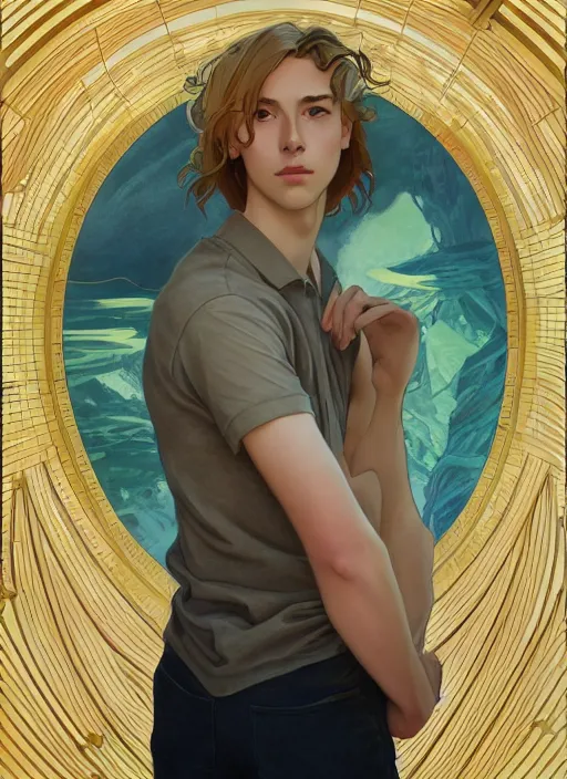 Image similar to pretty young man with shoulder length shiny shimmering golden blond hair, half body shot, path traced, highly detailed, high quality, digital painting, by studio ghibli and alphonse mucha, leesha hannigan, hidari, disney