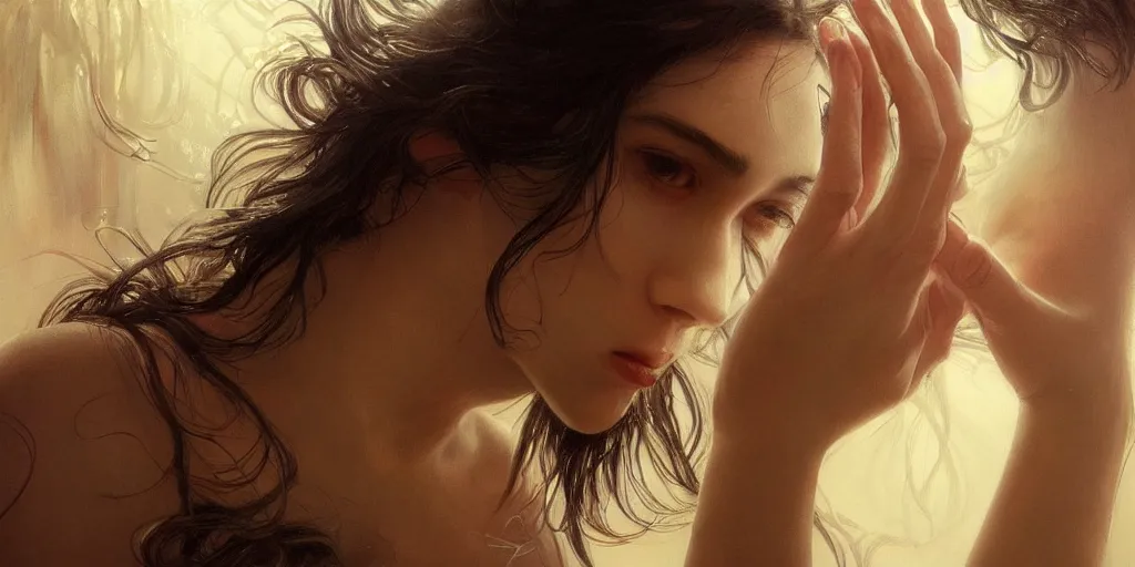 Image similar to many hands, gnarled fingers, intense black eyes, intense black hair, many mouths, just hands and eyes and mouths, intense lighting, light beams, lens flare, intricate, elegant, highly detailed, digital painting, artstation, concept art, smooth, sharp focus, illustration, art by artgerm and greg rutkowski and alphonse mucha