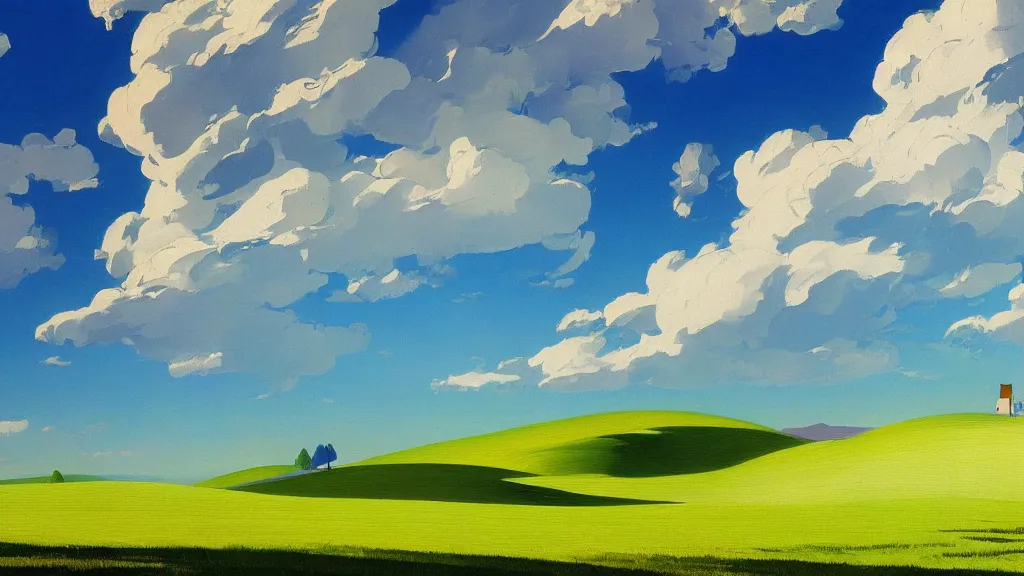 Prompt: Paintng of windows xp bliss wallpaper, artwork by isaac levitan and alfred joseph casson and georgy nissky and nikolay dubovskoy