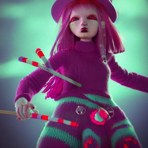 Image similar to knit candypunk witch, high - quality, character design!!!! beautiful lighting, magicpunk, dollpunk, 1 6 k, oled, octane, redshift, hyper detailed, excellent detail