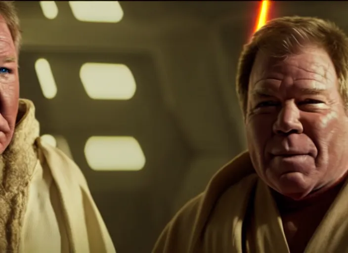 Image similar to william shatner as luke skywalker, bearded and wearing a robe, in star wars : the force awakens ( 2 0 1 5 ). movie still