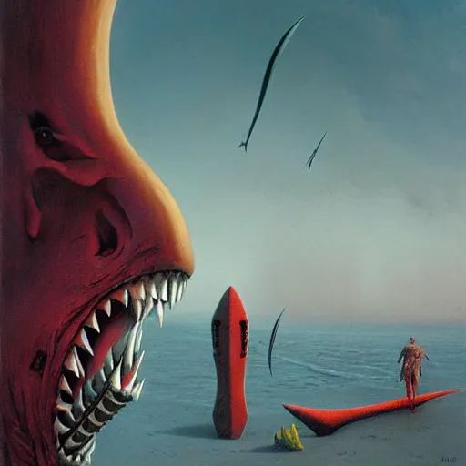 Image similar to vampire with shark teeth, background beach, gothic, warhammer, colorful, highly detailed, artstation, digital art by zdislav beksinski and wayne barlowe